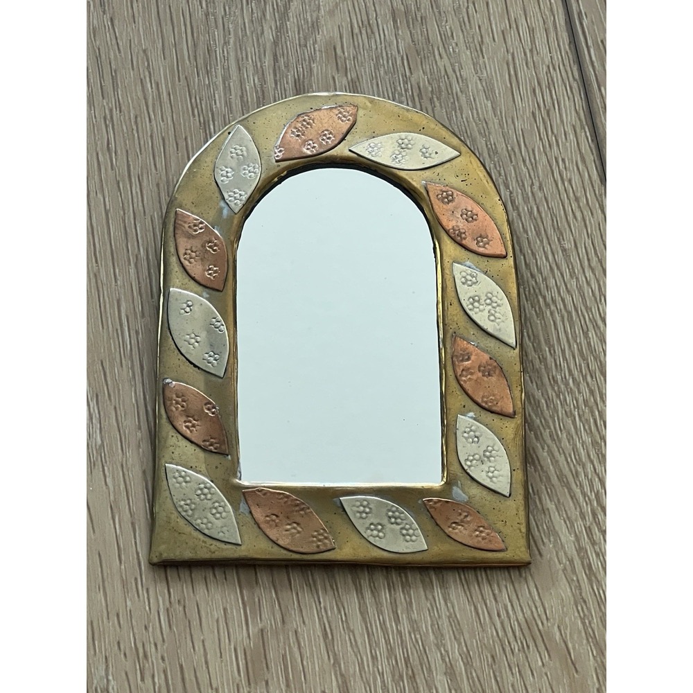 Vtg Moroccan Mini Mirror Handmade Brass Wall Hang Copper Silver Brass Arch 4.5"